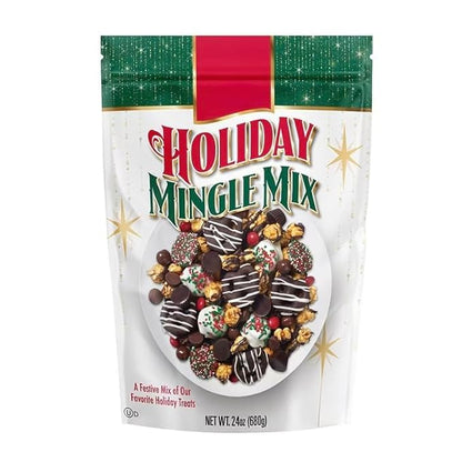 Christmas Holiday Mingle Snack Mix, 24 oz., Sweet and Crunchy, Chocolate Pretzels, Caramel Corn, Peanut Butter Cups, Resealable Pouch, Kosher, Holiday Entertaining