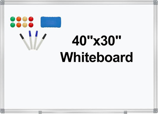 Dry Erase Board for Wall Aluminum Presentation Magnetic Whiteboard with Long Pen Tray, Wall-Mounted White Board for School, Office and Home (40"x30")