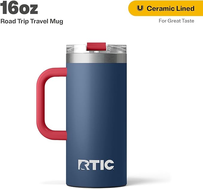 RTIC 16oz Road Trip Travel Mug with Lid and Handle, Ceramic Lined, Insulated, Stainless Steel, Metal, Double Wall Vacuum-Insulation, Portable Coffee, Tea Cup for Hot and Cold Drink, Patriot