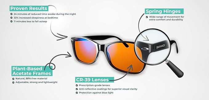 Swanwick Blue Light Blocking Glasses for Women, Men. Sleep Aid. Anti Eyestrain Headache for Computer, Gaming, TV, UV Glare