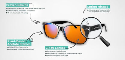 Swanwick Blue Light Blocking Glasses for Women, Men. Sleep Aid. Anti Eyestrain Headache for Computer, Gaming, TV, UV Glare