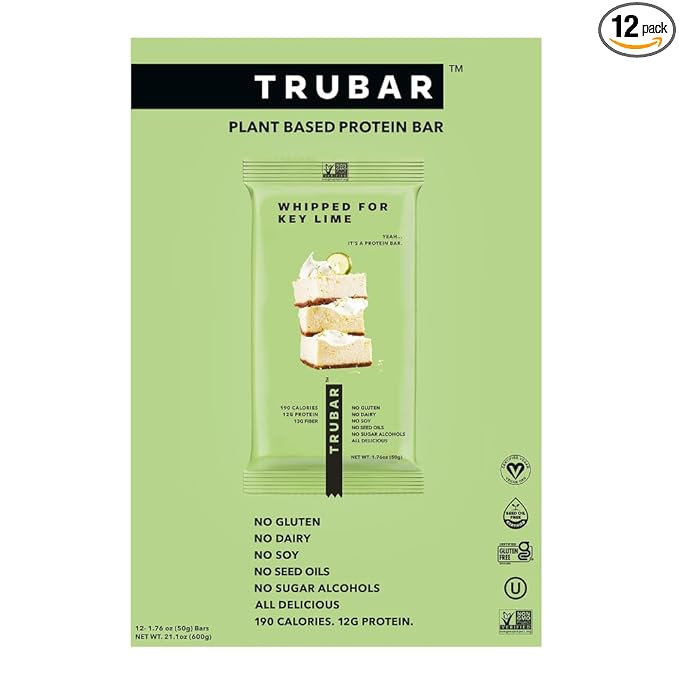 TRUBAR Vegan Protein Bar, Whipped for Key Lime, Gluten Free, Plant Based, High Fiber, Dairy Free, Low Fat, Non GMO, No Sugar Alcohols, 12G Lean Protein, 13G Fiber, Healthy Snack Bars, 12 CT