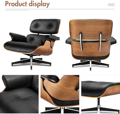 Mid Century Chaise Lounge Chair with Ottoman, Top Black Grain Leather, Modern Office Chair Classic Design, Heavy Duty Base Support for Living Room Study Lounge Office