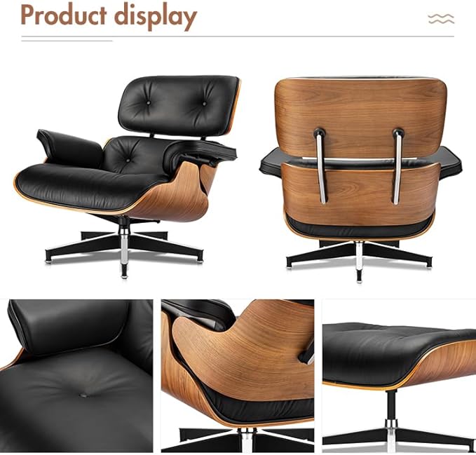 Mid Century Chaise Lounge Chair with Ottoman, Top Black Grain Leather, Modern Office Chair Classic Design, Heavy Duty Base Support for Living Room Study Lounge Office