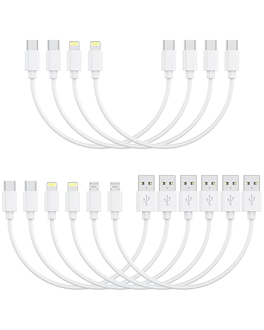 [1FT, 10-Pack] Multi Short USB Charging Cables, Fast Charge & Sync Type-C/Lightning/Micro Cords Bulk for Charging Station Compatible with iPhone16&15, iPhone5-14, iPads, iPods, Mobiles, Tablets, White