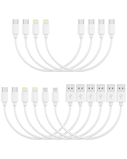 [1FT, 10-Pack] Multi Short USB Charging Cables, Fast Charge & Sync Type-C/Lightning/Micro Cords Bulk for Charging Station Compatible with iPhone16&15, iPhone5-14, iPads, iPods, Mobiles, Tablets, White