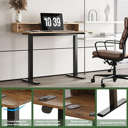 2-Tier Height Adjustable 45" Electric Standing Desk - Upgraded Ultra Durable Home Office Large Rectangular Computer Table or Laptop Sit Stand Workstation - Rustic Brown