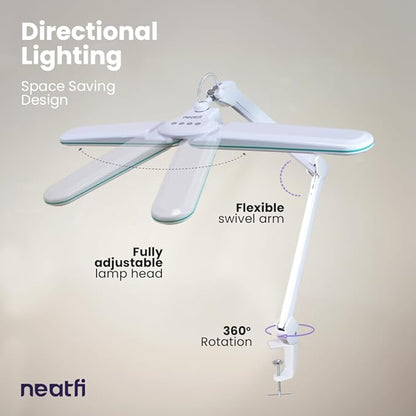 Neatfi Elite HD XL LED Desk Lamp, 3 Light Modes, 90PCS SMD LED, Non-Polar Dimming, Bright Eye-Caring Lighting for Home Office, Drafting, Beauty Shop, Workbench (CCT with Clamp, Blue Ring, 17 Inches)
