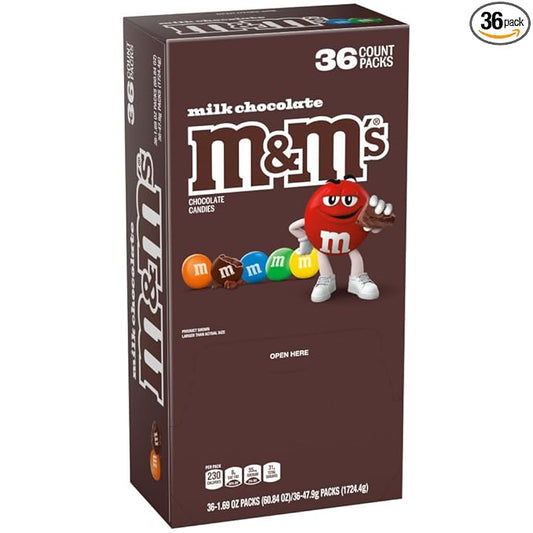 M&M'S Milk Chocolate Candy, Full Size 1.69 oz Bag, Pack of 36 Bulk Candy Chocolate