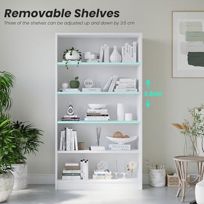 Bookshelf, 5 Shelf Bookcase Open Modern Bookshelf, Bookcase with Freestanding Display Storage, Wooden Book Shelf for Bedroom, Living Room, Dinning Room, Office, 60 Inch, White