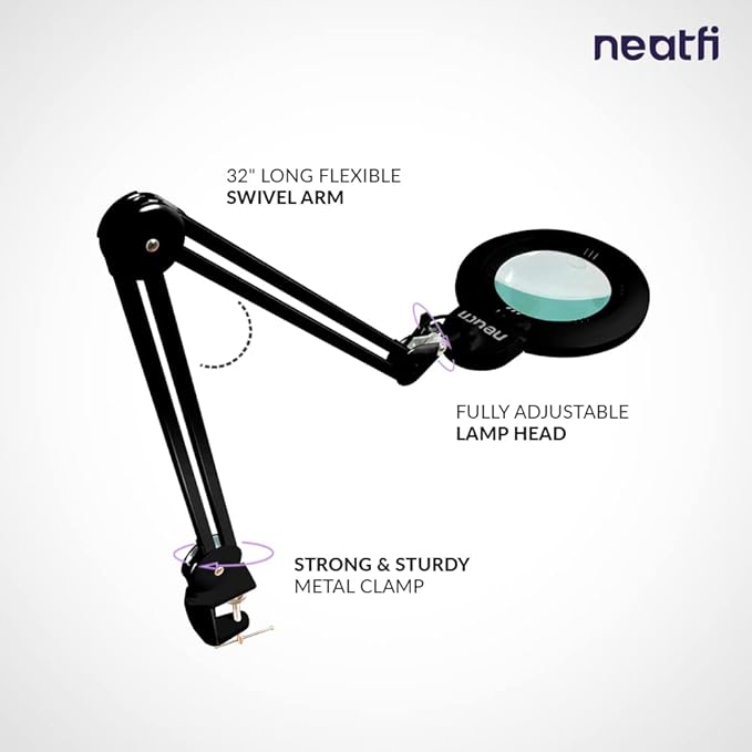 Neatfi XL Bifocal LED Magnifying Lamp – 7-Inch Acrylic Lens, 2.25x & 6X Magnification, 1,600 Lumens, Dimmable LED, Adjustable Arm, Hands-Free Close Work (Black, with Clamp)
