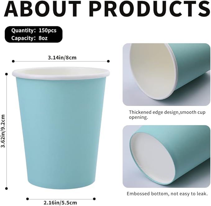 Paper Cups 8 oz 150 Pack, Disposable Paper Coffee Cups for Hot or Cold Beverage Drinking for Party, Picnic, BBQ, Travel, and Event -Blue