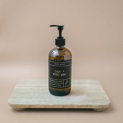 River Birch Sage + White Pine Scented Natural Hand Soap - Handmade Soap - Moisturizing Hand Wash with Amber Glass Dispenser - Luxury Scented and Hydrating - Vegan and Non-Toxic - 16 Fl Oz