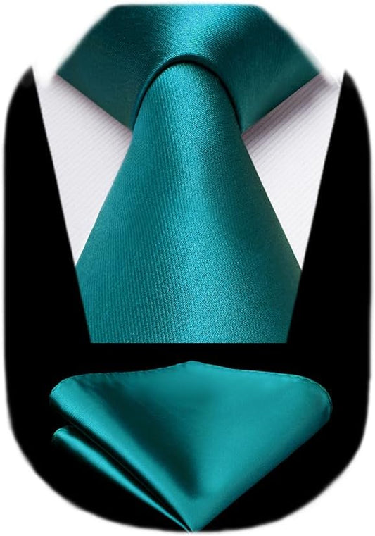 HISDERN Mens Solid Color Ties Formal Satin Necktie and Pocket Square Set Classic Wedding Business Tie & Handkerchief