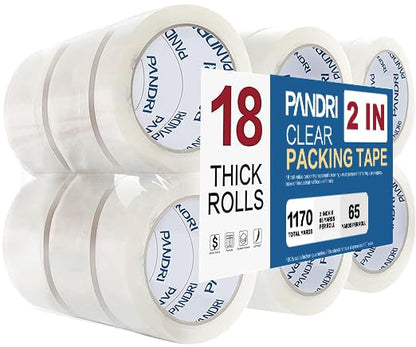 PANDRI Packing Tape, 18 Rolls Heavy Duty Clear Packaging Tape for Shipping Packaging Moving Sealing, 2 inches Wide, 65 Yards Per Roll, Total 1170 Yards
