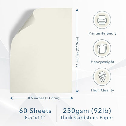 MOS Off-White Cardstock Paper 8.5 x 11 Inch (60 Sheets) — Heavyweight Cream Card Stock for Invitations, Menus, Certificates, Crafting, Business, Printer Compatible