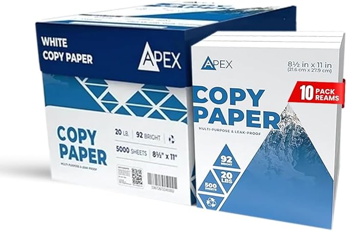 Printer Paper, 20 lb Copy Paper, 8.5 x 11 Inches, 10 Ream 5000 Sheets, (500 Sheets per Ream), 92 Bright, Longer Printer Life, Brighter White