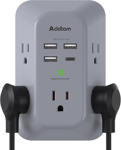 Addtam Surge Protector Outlet Extender, Multi Plug Wall Outlet with 4 USB Ports(1 USB-C), 3-Sided 1800J Power Strip Plug Extension Outlet Splitter, Gray