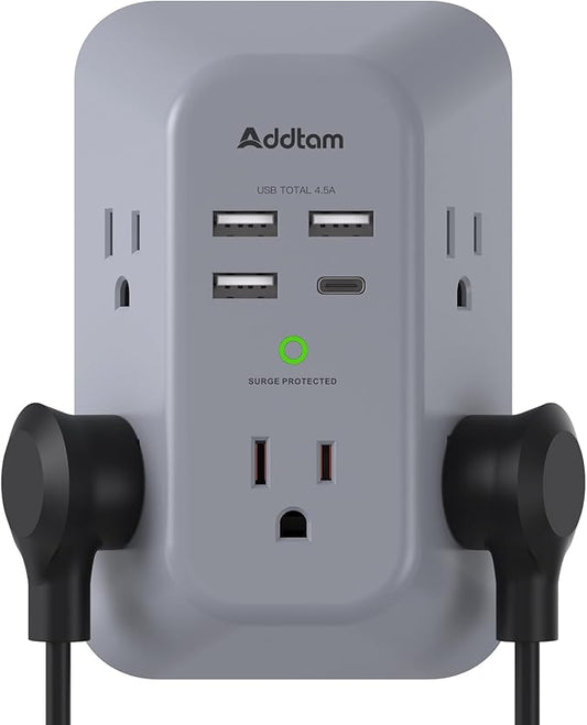 Addtam Surge Protector Outlet Extender, Multi Plug Wall Outlet with 4 USB Ports(1 USB-C), 3-Sided 1800J Power Strip Plug Extension Outlet Splitter, Gray
