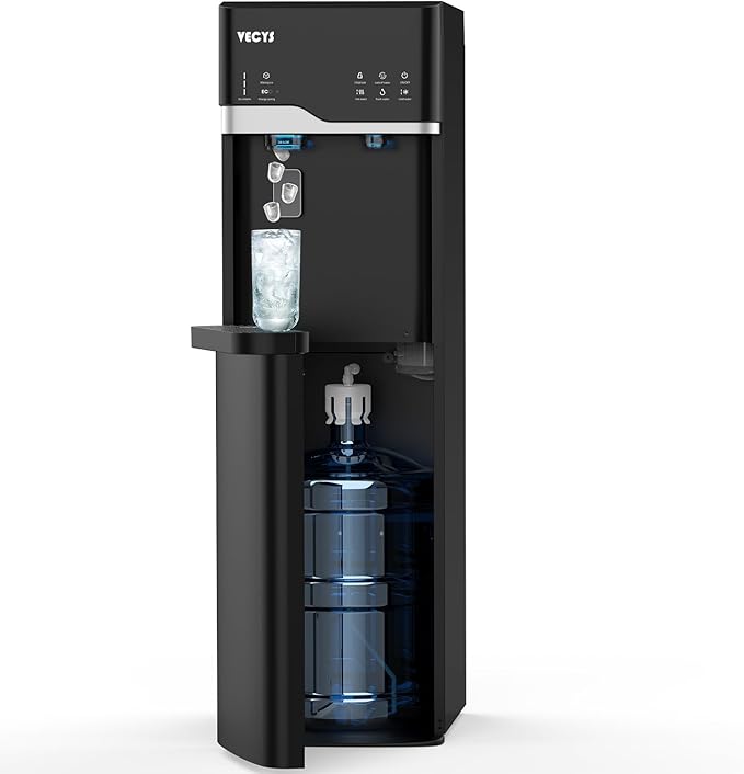 VECYS Bottom Loading Ice Maker Self-Clean Hot Cold Water Dispenser for 5 Gallon Bottle, 22LBS Daily Ice Making, Child Safety Lock, Black