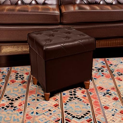 CAROLMADE Folding Storage Ottoman Cube PU Leather Footstool with Wood Legs Ottoman Footrest for Living Room and Bedroom Brown, 15x12.6 x 15.4”