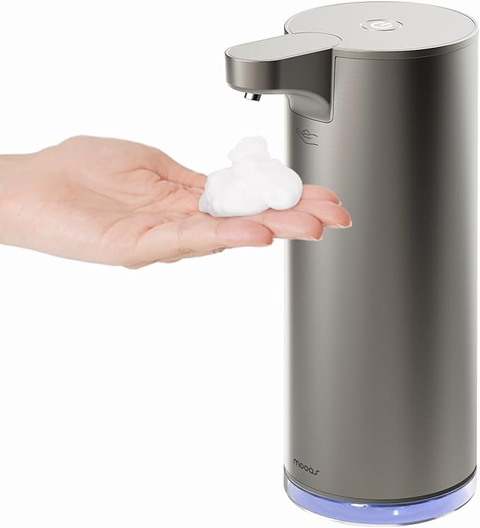 mooas Automatic Foaming Soap Dispenser - Stainless Steel, Touchless, Rechargeable, Hands Free, 9.4oz (Silver)