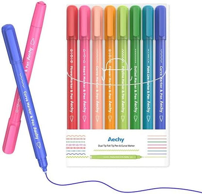 AECHY Colored Felt Tip Curve Pens for Note Taking, Dual Tip Pens with 6 Different Curve Shapes & 8 Colors Fine Lines, Curve Flair Pen Set for Kids Journaling Scrapbook Note Taking Supplies(Rainbow)