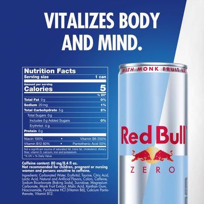 Red Bull Zero Energy Drink, 8.4 fl. oz., with 80mg Caffeine, Taurine & B Vitamins, 6 Packs of 4 Cans, Pack of 24