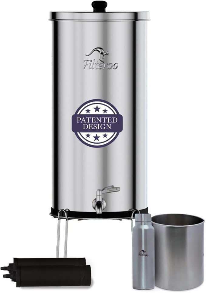 Filteroo® Superoo Countertop Gravity Water Filter System - 5.28 Gal/20L | 304 Stainless Steel | 2 Carbon Filters | NSF/ANSI Tested Gravity-Fed Water Purifier | Remove Bacterias & Heavy Metals