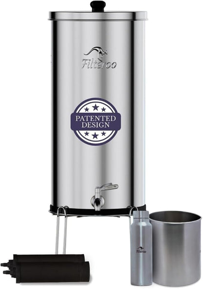 Filteroo® Superoo Countertop Gravity Water Filter System - 5.28 Gal/20L | 304 Stainless Steel | 2 Carbon Filters | NSF/ANSI Tested Gravity-Fed Water Purifier | Remove Bacterias & Heavy Metals