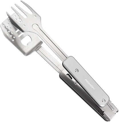 ROXON 4 in 1 Mini Folding BBQ Barbecue Combo Tool Set with Spatula, Fork, Tongs and Bottle Opener for Hiking Camping (Grey)