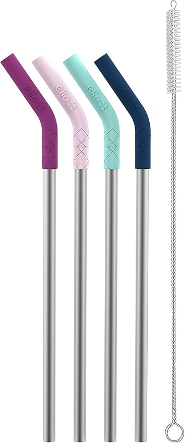 Ello Impact 4 Pack Reusable Metal Straws with Silicone Tips Made from Stainless Steel, Dishwasher Safe, BPA-Free with Cleaning Brush, June Breeze