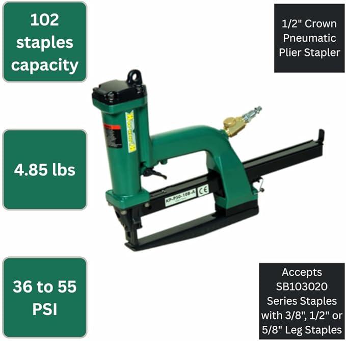 KP-P50-10B-A 1/2" Crown Pneumatic Plier Stapler for SB103020 Series Staples with 3/8", 1/2" or 5/8" Leg Staples, Ideal for Trays & Lids, End Caps, Header & Bags, Container Inserts