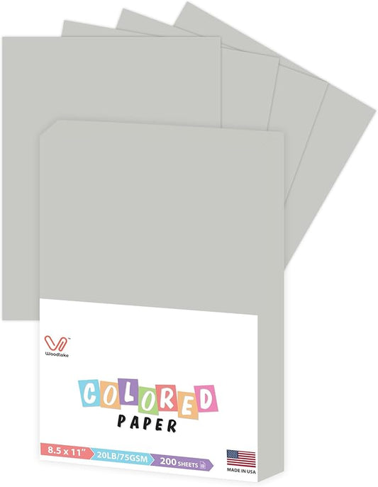 Woodlake Gray Copy Paper, Colored Printer Paper, 8.5 x 11”, 20 LB / 75 GSM Computer Paper, 200 Sheets, Multi-Purpose Pastel Paper, Made in USA