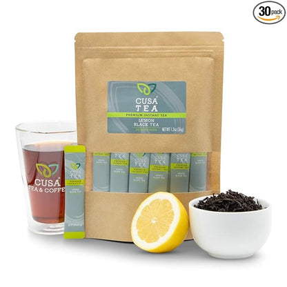 Cusa Tea & Coffee | Premium Instant Lemon Black Tea With Real Fruit & Spices | Organic Leaves Drink Mix Packets | Hot or Iced Tea (30 Single Servings)