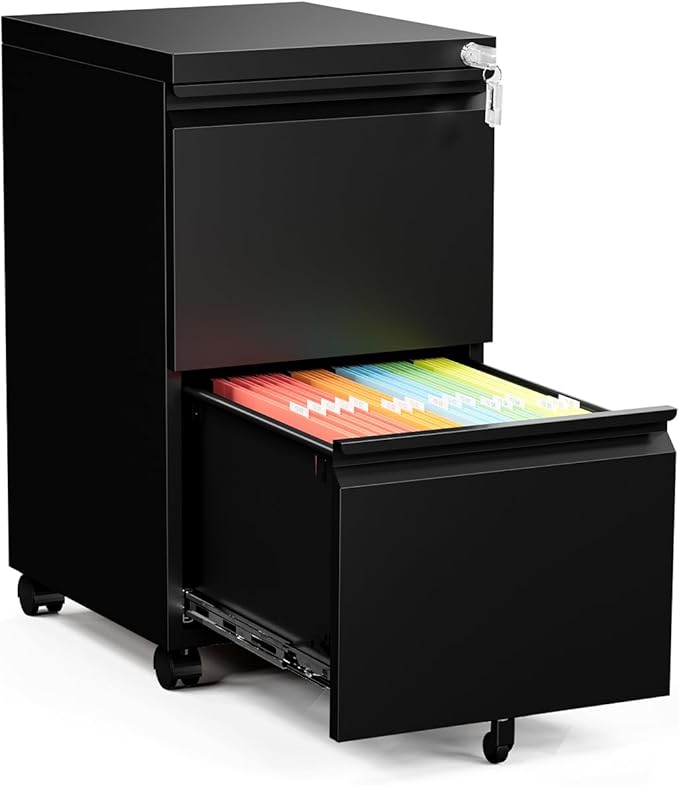 2 Drawer File Cabinet, Small Mobile File Cabinet with Lock, Metal Rolling Filing Cabinets for Letter/Legal/A4 File, Home, Office, Black