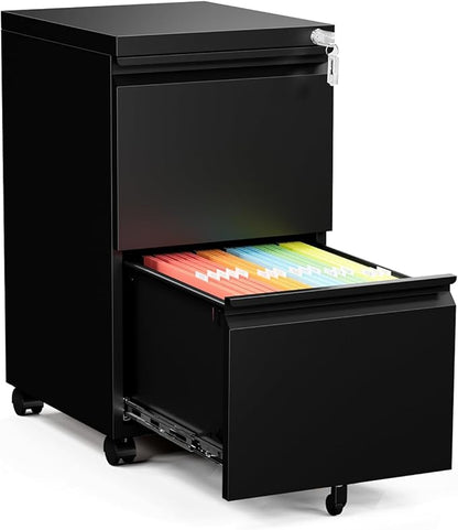 2 Drawer File Cabinet, Small Mobile File Cabinet with Lock, Metal Rolling Filing Cabinets for Letter/Legal/A4 File, Home, Office, Black