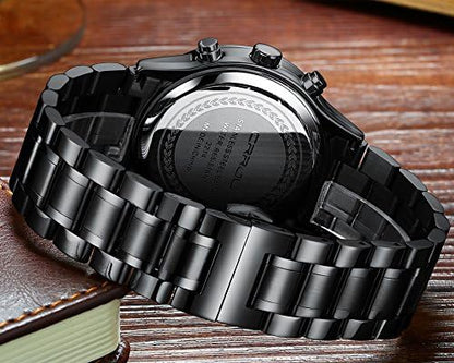 CRRJU Men's Fashion Stainless Steel Watches Date Waterproof Chronograph Wristwatches,Black Steel Band Waterproof Quartz Watch for Men