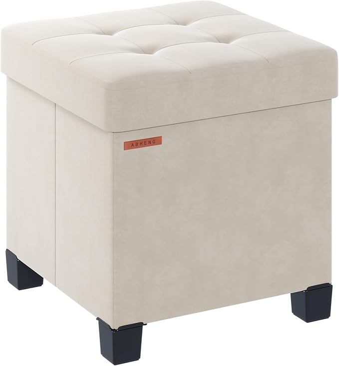 Cube Storage Ottoman, Velvet Foot Stool with Feet, Folding Bench, End of Bed Bench, Storage Chest, for Living Room, Bedroom and Office, 15 x 15 x 15.7 Inches, Cream White, ASND22W