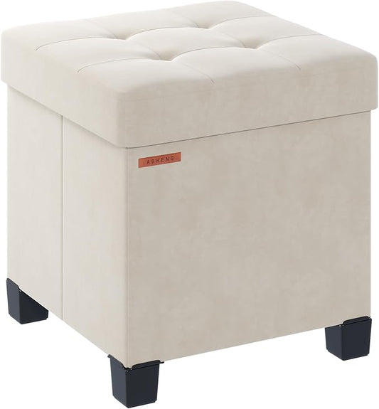 Cube Storage Ottoman, Velvet Foot Stool with Feet, Folding Bench, End of Bed Bench, Storage Chest, for Living Room, Bedroom and Office, 15 x 15 x 15.7 Inches, Cream White, ASND22W