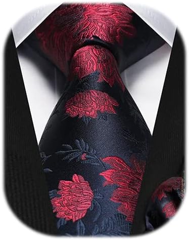 HISDERN Men Floral Ties Woven Classic 3.4" Necktie Set Formal Tie Pocket Square for Wedding with Handkerchief Gift Box