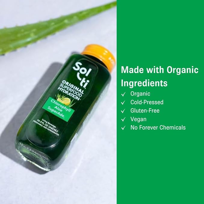 Organic SuperAde Hydration Drink, Digestive and Skin Health, SuperFood Lemonade by Sol-ti, Cold-Pressed Chlorophyll, Aloe and Lemon Juice Blend, 16 Pack (14.9 Fl oz)