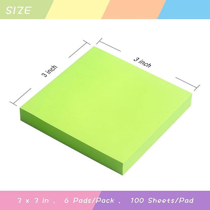 Sticky Notes 3x3 Self-Stick Notes Pads with 6 Bright Colors, Easy to Post for Office, School, Home, 6 Pads/Pack, 100 Sheets/Pad(Green)