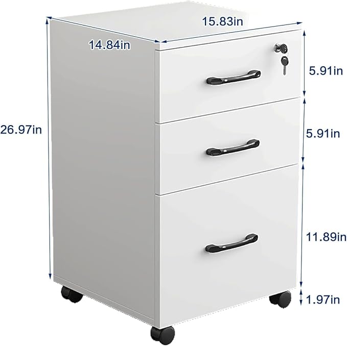 File Cabinet 3 Drawers with 1 Lock Wooden Rolling Mobile Filing Cabinet with Wheels for Home Office Under Desk File Cabinet Office Storage Cabinet, White