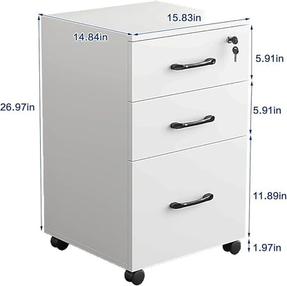 File Cabinet 3 Drawers with 1 Lock Wooden Rolling Mobile Filing Cabinet with Wheels for Home Office Under Desk File Cabinet Office Storage Cabinet, White