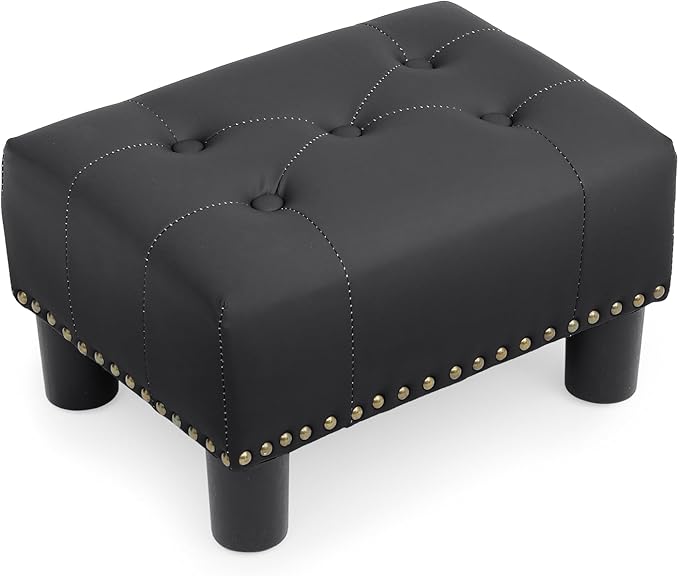 Athena Collection Small Ottoman Foot Rest, Leather Upholstered Foot Stool Ottoman Modern Small Storage Ottoman Rectangular Foot Rest for Couch Mini Ottoman Footstool with Legs & Nailhead Trim, Black