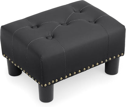 Athena Collection Small Ottoman Foot Rest, Leather Upholstered Foot Stool Ottoman Modern Small Storage Ottoman Rectangular Foot Rest for Couch Mini Ottoman Footstool with Legs & Nailhead Trim, Black