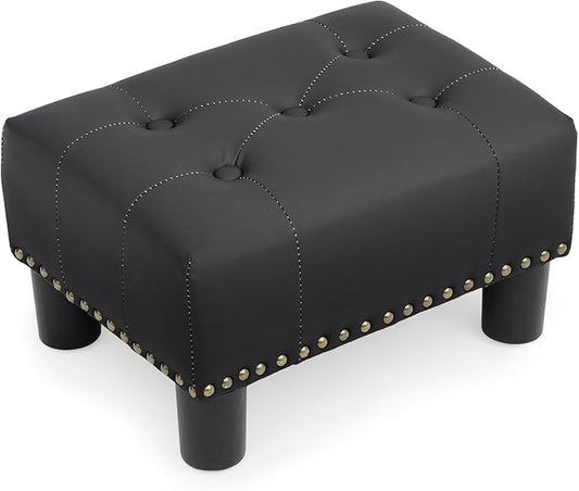 Athena Collection Small Ottoman Foot Rest, Leather Upholstered Foot Stool Ottoman Modern Small Storage Ottoman Rectangular Foot Rest for Couch Mini Ottoman Footstool with Legs & Nailhead Trim, Black