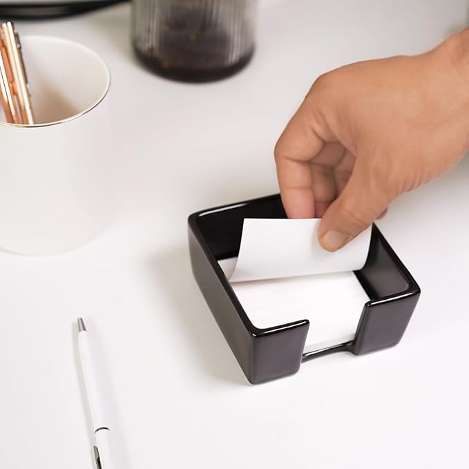 HANKOR Ceramic Sticky Note Holder, 3 x 3 Sticky Note Dispenser, Notepad Holder for Desk, Office Essentials Organizer (Black)