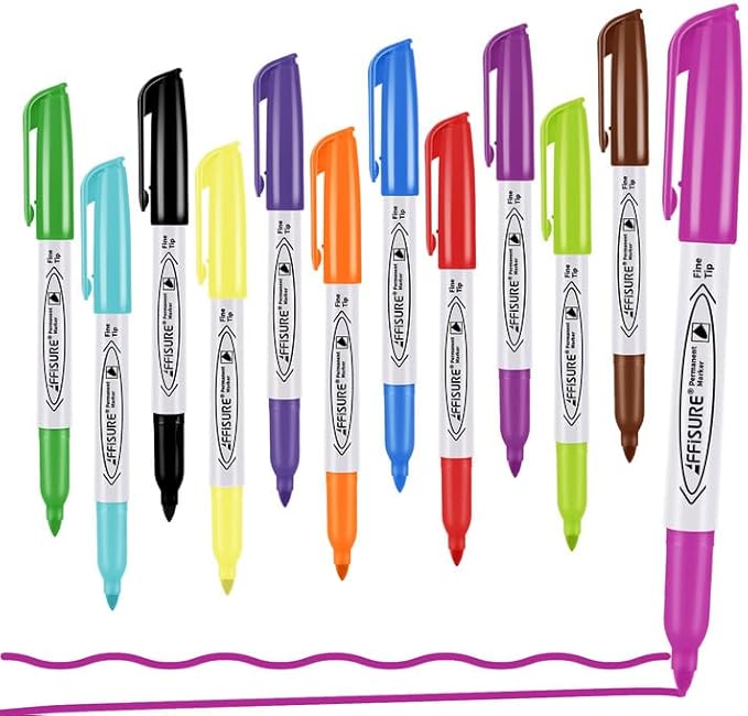 Permanent Markers Assorted Colors Set, 12 Colored Markers 12 Pack, Fine Point，Works on Wood, Plastic, Metal, and More, for Adults, Artist, Teacher, Kids